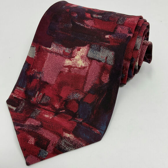 Vintage 1980 Made In Italy 100% Silk Red Abstract Necktie by Charleston Tie Rack - Picture 1 of 4